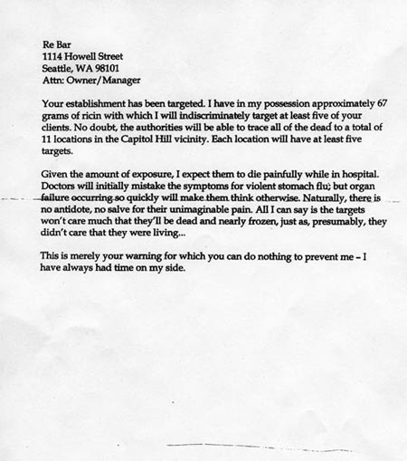 Ricin Threat Letter
